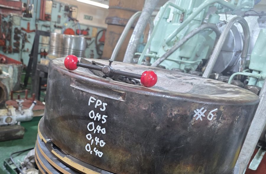 Piston crown with chalked clearance measurements during a major overhaul